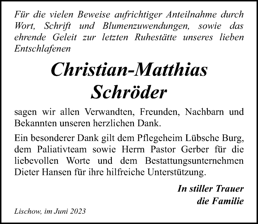  Traueranzeige für Christian-Matthias Schröder vom 17.06.2023 aus Ostsee-Zeitung GmbH
