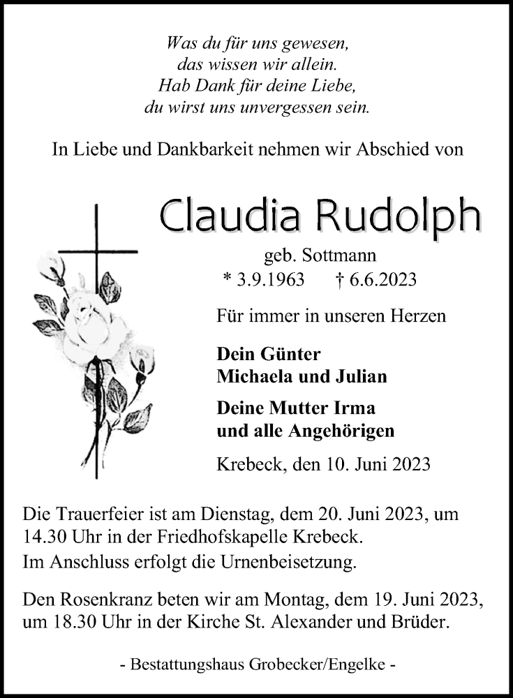  Traueranzeige für Claudia Rudolph vom 10.06.2023 aus Eichsfelder Tageblatt