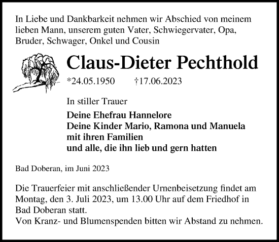 Traueranzeige von Claus-Dieter Pechthold von Ostsee-Zeitung GmbH