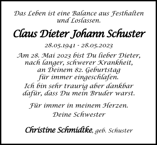 Traueranzeige von Claus Dieter Johann Schuster von Lübecker Nachrichten