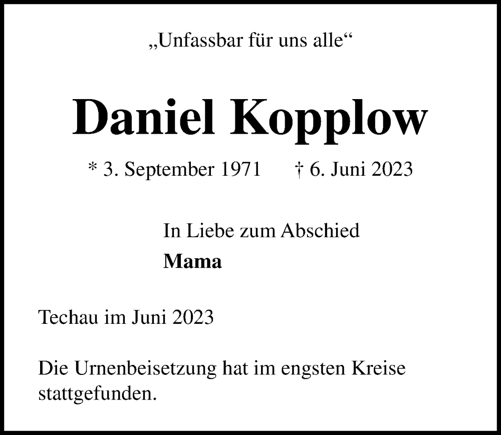  Traueranzeige für Daniel Kopplow vom 18.06.2023 aus Lübecker Nachrichten