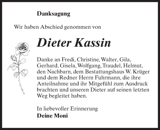 Traueranzeige von Dieter Kassin von Märkischen Allgemeine Zeitung