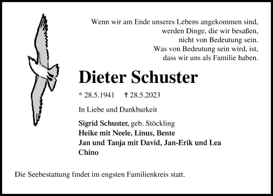 Traueranzeige von Dieter Schuster von Lübecker Nachrichten