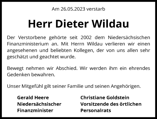 Traueranzeige von Dieter Wildau von Hannoversche Allgemeine Zeitung/Neue Presse