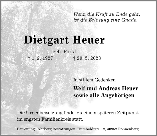 Traueranzeige von Dietgart Heuer von Hannoversche Allgemeine Zeitung/Neue Presse