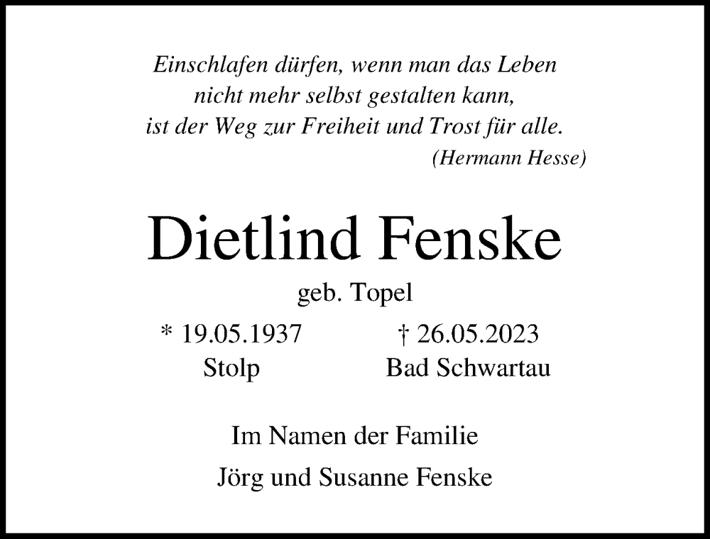 Traueranzeige für Dietlind Fenske vom 04.06.2023 aus Lübecker Nachrichten