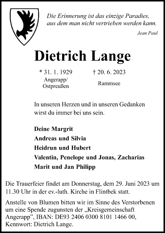 Traueranzeige von Dietrich Lange von Kieler Nachrichten