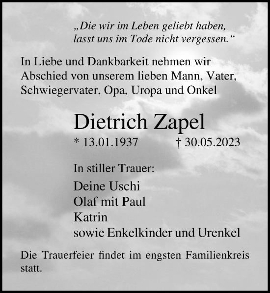 Traueranzeige von Dietrich Zapel von Ostsee-Zeitung GmbH