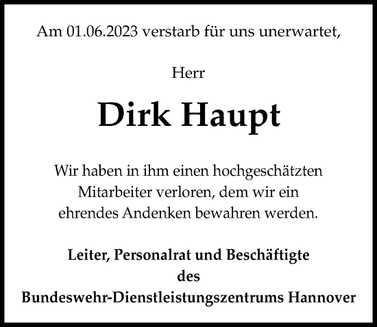 Traueranzeige von Dirk Haupt von Hannoversche Allgemeine Zeitung/Neue Presse
