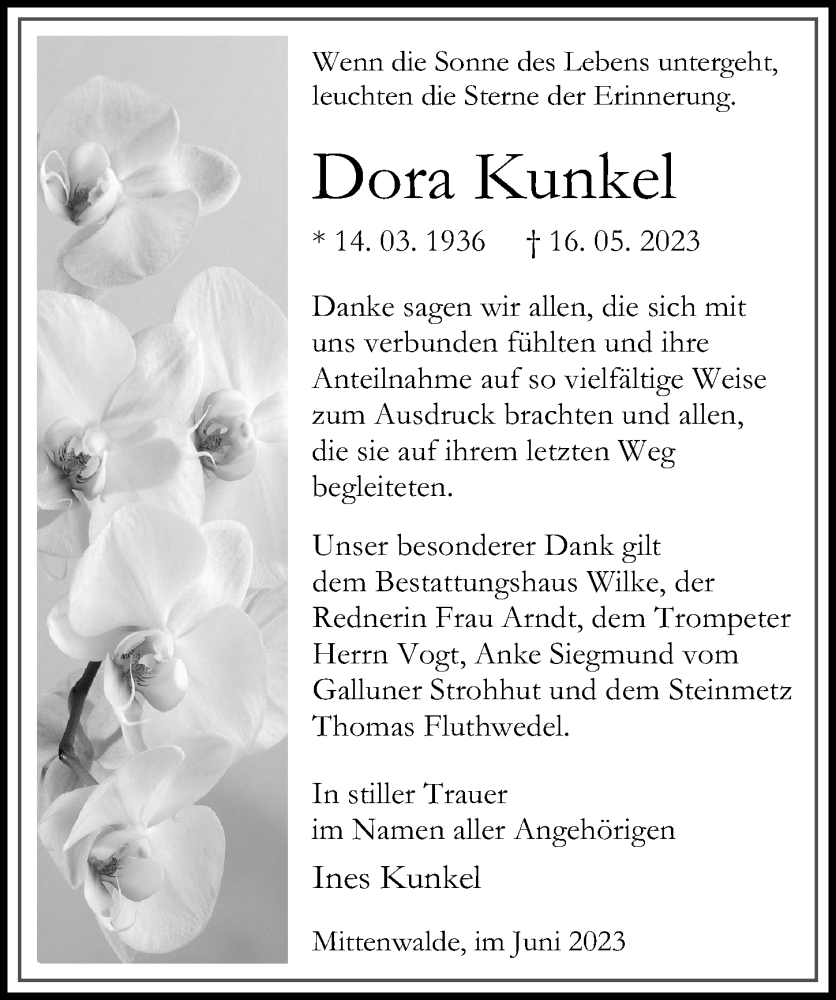  Traueranzeige für Dora Kunkel vom 17.06.2023 aus Märkischen Allgemeine Zeitung