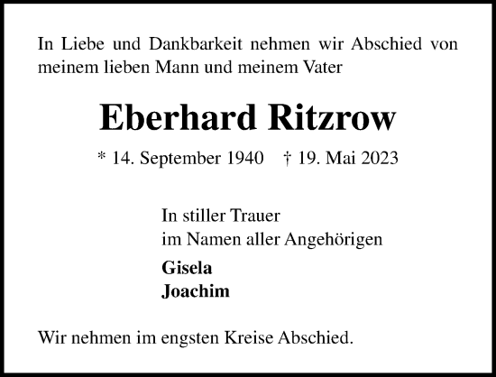 Traueranzeige von Eberhard Ritzrow von Lübecker Nachrichten