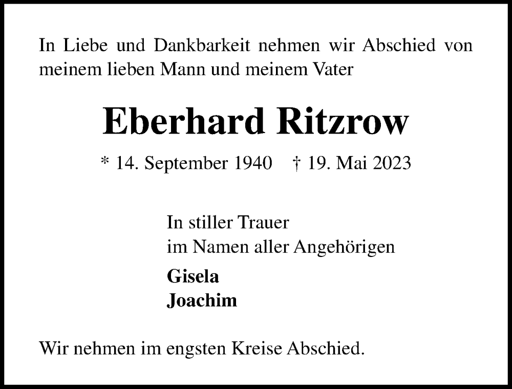  Traueranzeige für Eberhard Ritzrow vom 25.06.2023 aus Lübecker Nachrichten