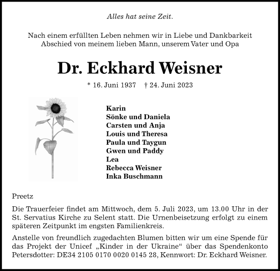 Traueranzeige von Eckhard Weisner von Kieler Nachrichten