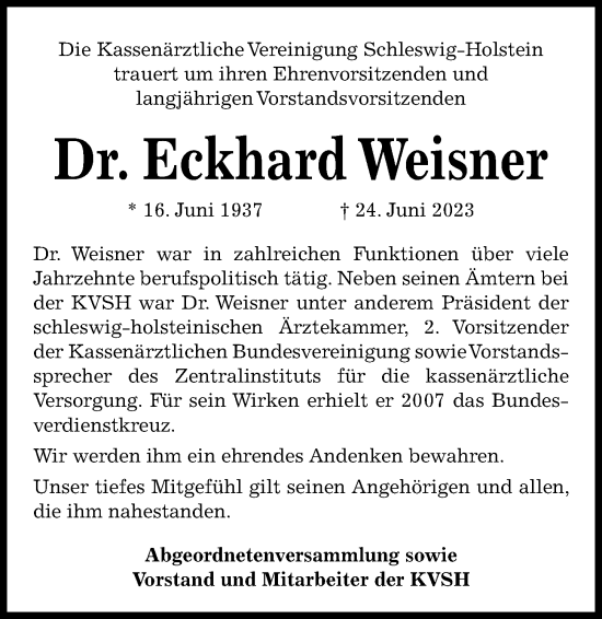 Traueranzeige von Eckhard Weisner von Kieler Nachrichten