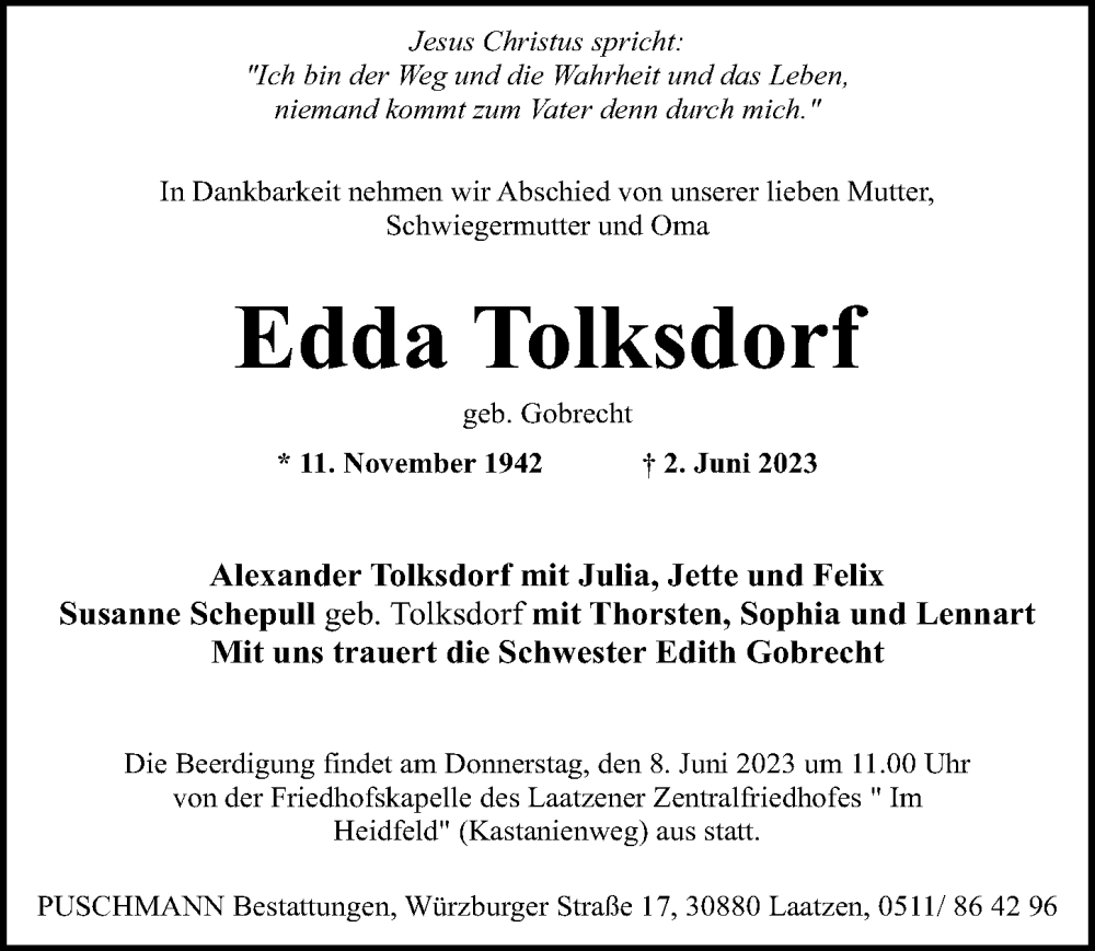  Traueranzeige für Edda Tolksdorf vom 07.06.2023 aus Hannoversche Allgemeine Zeitung/Neue Presse
