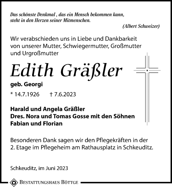 Traueranzeige von Edith Gräßler von Leipziger Volkszeitung