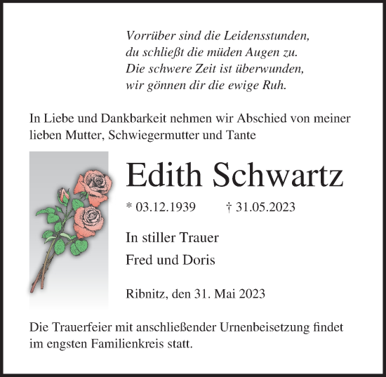 Traueranzeige von Edith Schwartz von Ostsee-Zeitung GmbH