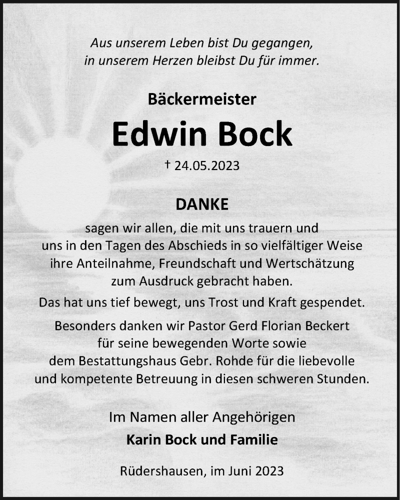  Traueranzeige für Edwin Bock vom 10.06.2023 aus Eichsfelder Tageblatt
