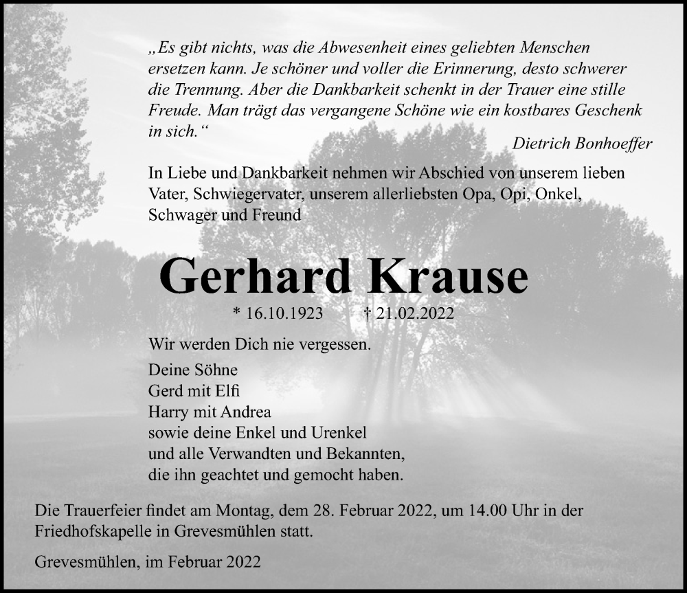  Traueranzeige für Gerhard Krause vom 25.02.2022 aus 