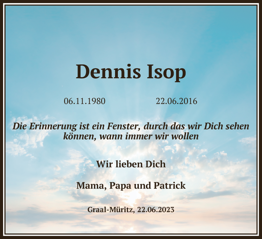  Traueranzeige für Dennis Isop vom 22.06.2023 aus 