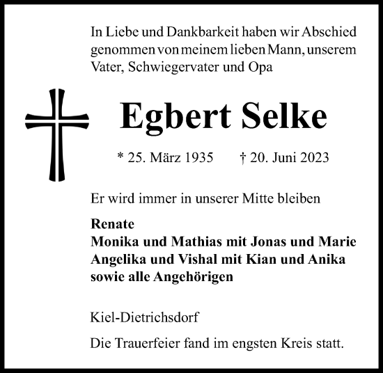 Traueranzeige von Egbert Selke von Kieler Nachrichten