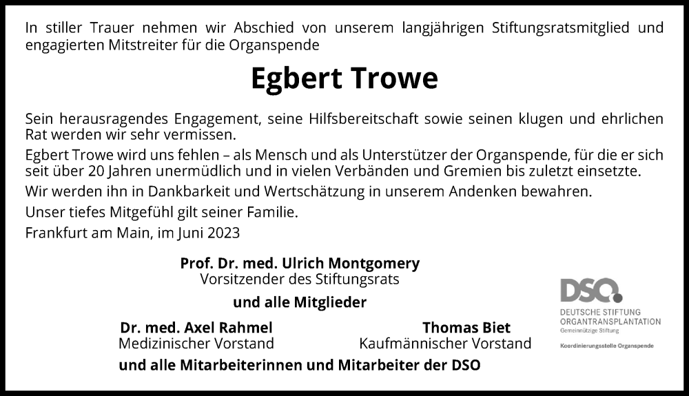  Traueranzeige für Egbert Trowe vom 10.06.2023 aus Madsack GmbH