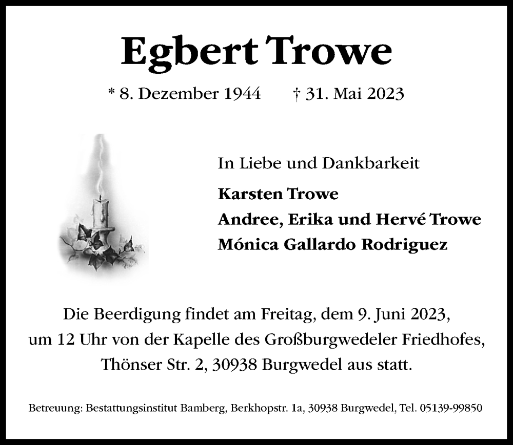  Traueranzeige für Egbert Trowe vom 07.06.2023 aus Hannoversche Allgemeine Zeitung/Neue Presse