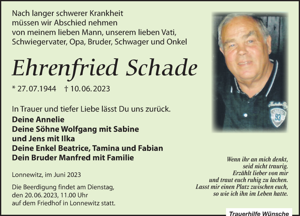 Traueranzeigen von Ehrenfried Schade trauer anzeigen.de