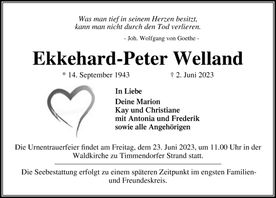 Traueranzeige von Ekkehard-Peter Welland von Lübecker Nachrichten