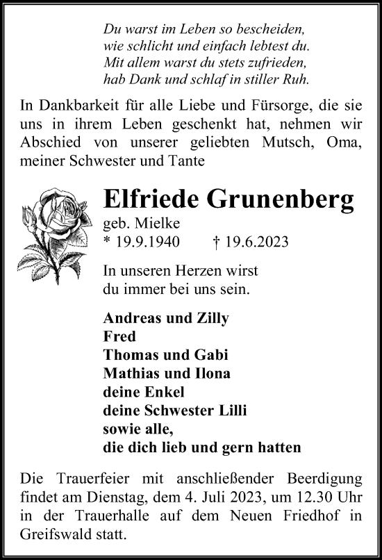 Traueranzeige von Elfriede Grunenberg von Ostsee-Zeitung GmbH