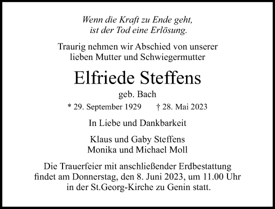 Traueranzeige von Elfriede Steffens von Lübecker Nachrichten