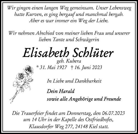 Traueranzeige von Elisabeth Schlüter von Kieler Nachrichten