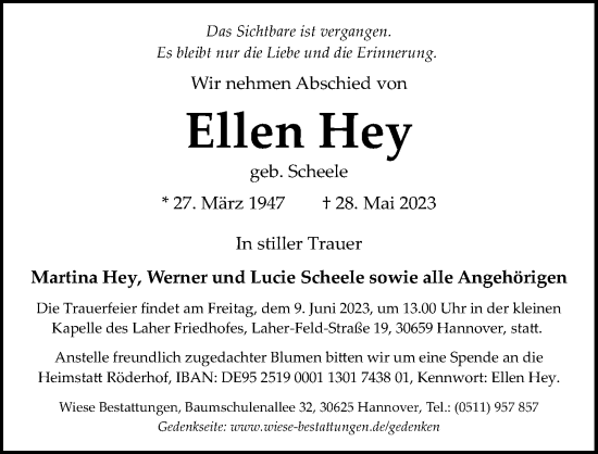 Traueranzeige von Ellen Hey von Hannoversche Allgemeine Zeitung/Neue Presse