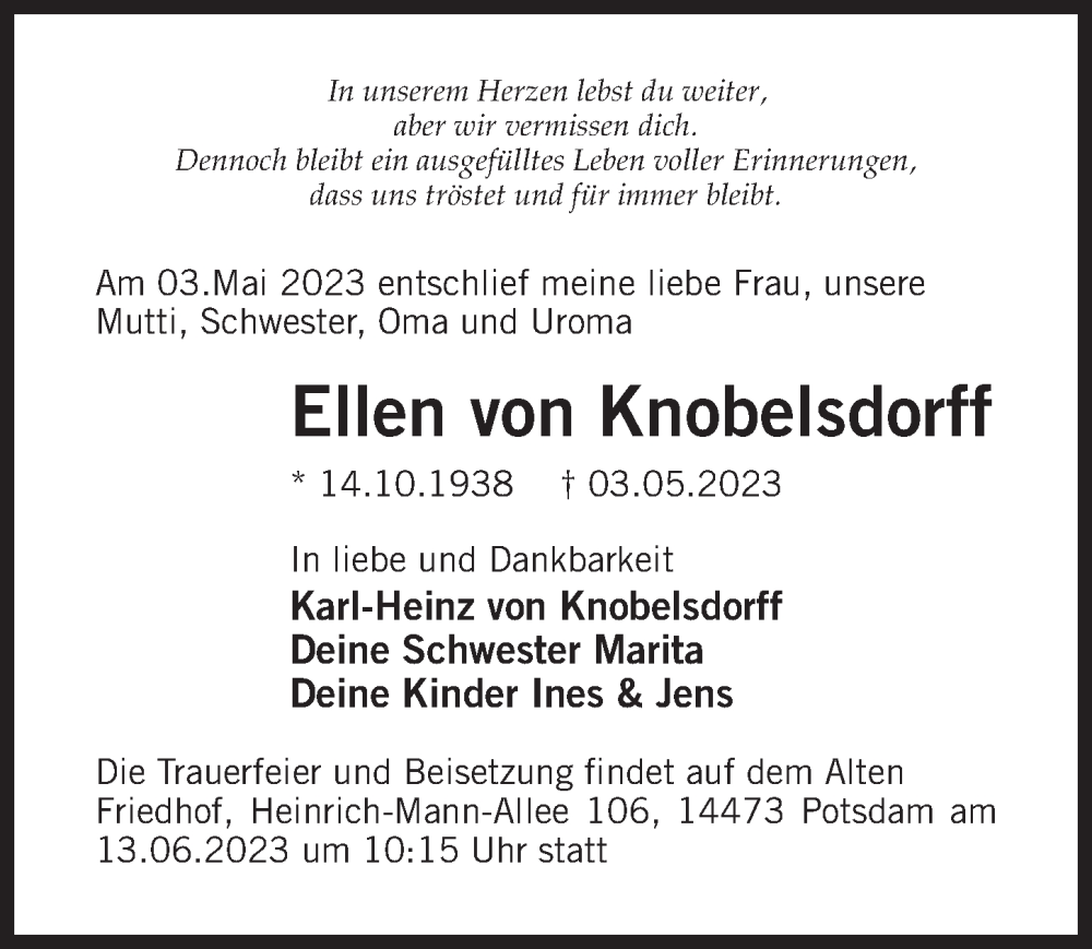  Traueranzeige für Ellen von Knobelsdorff vom 03.06.2023 aus Märkischen Allgemeine Zeitung