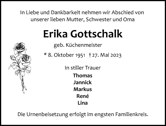 Traueranzeige von Erika Gottschalk von Lübecker Nachrichten