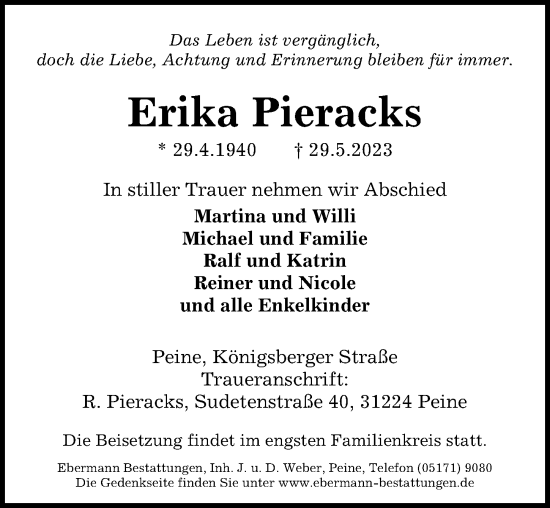Traueranzeige von Erika Pieracks von Peiner Allgemeine Zeitung