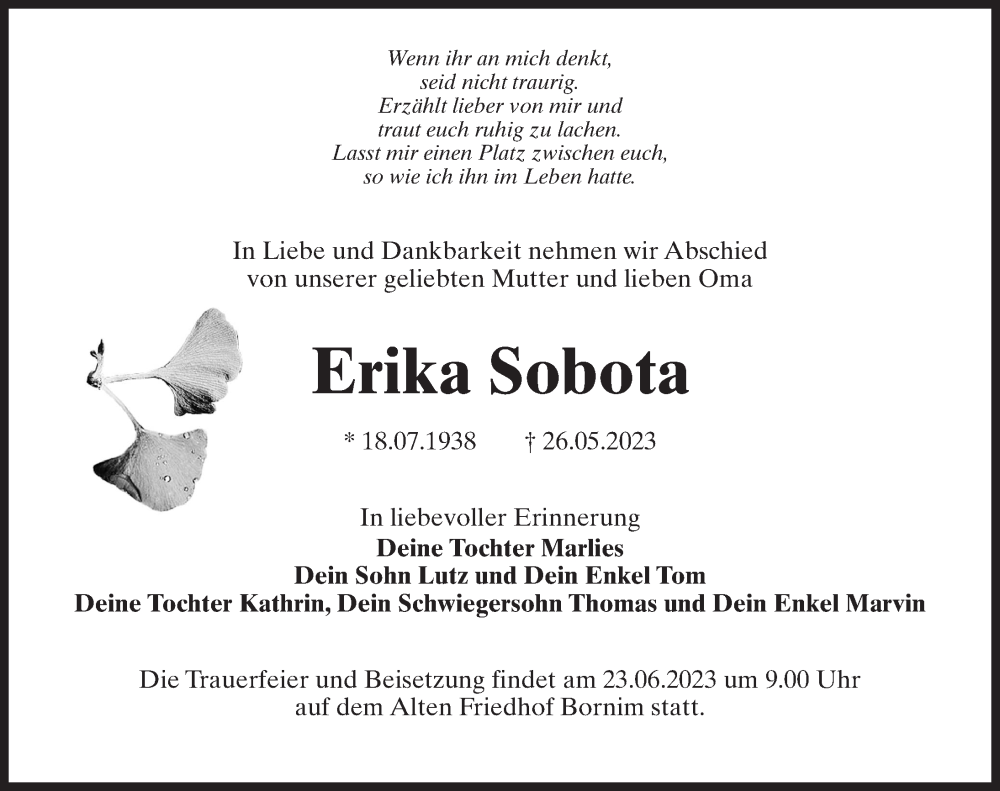  Traueranzeige für Erika Sobota vom 17.06.2023 aus Märkischen Allgemeine Zeitung