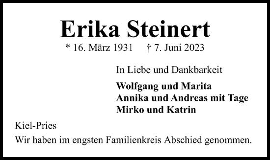 Traueranzeige von Erika Steinert von Kieler Nachrichten