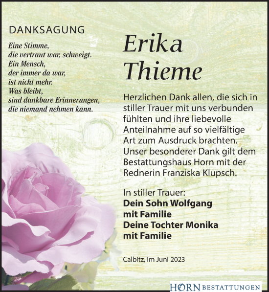 Traueranzeige von Erika Thieme von Leipziger Volkszeitung