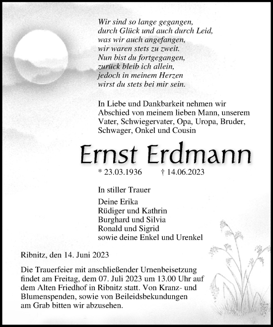 Traueranzeige von Ernst Erdmann von Ostsee-Zeitung GmbH