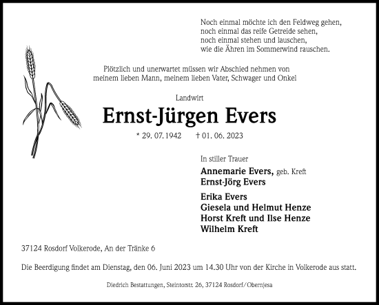 Traueranzeige von Ernst-Jürgen Evers von Göttinger Tageblatt