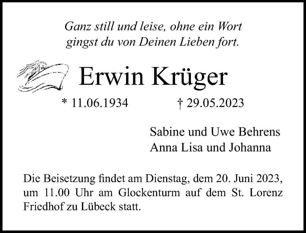  Traueranzeige für Erwin Krüger vom 11.06.2023 aus Lübecker Nachrichten