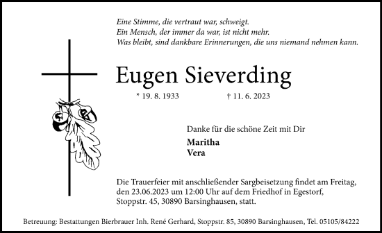 Traueranzeige von Eugen Sieverding von Hannoversche Allgemeine Zeitung/Neue Presse