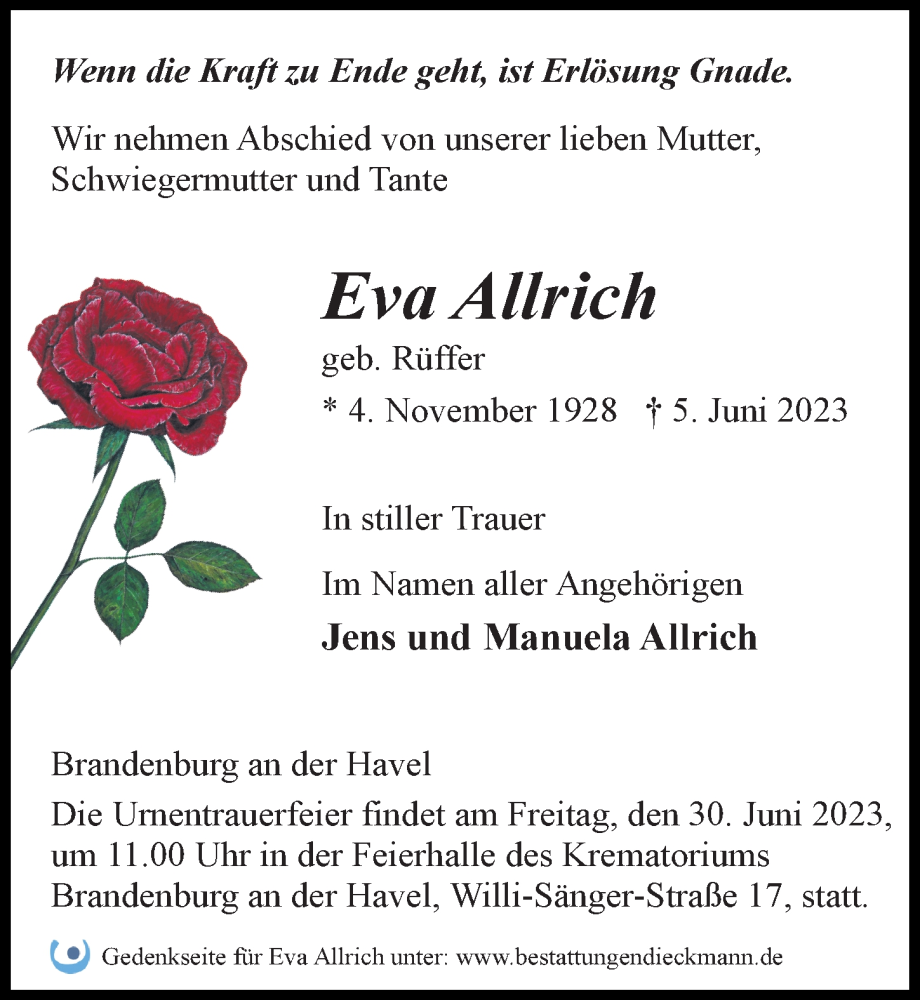  Traueranzeige für Eva Allrich vom 24.06.2023 aus Märkischen Allgemeine Zeitung