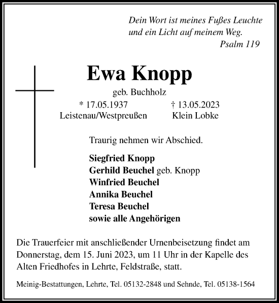 Traueranzeige von Ewa Knopp von Madsack GmbH