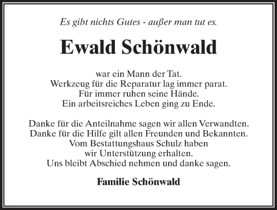 Traueranzeige von Ewald Schönwald von Märkischen Allgemeine Zeitung