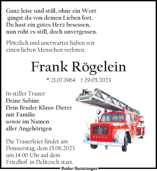 Traueranzeige von Frank Rögelein von Leipziger Volkszeitung