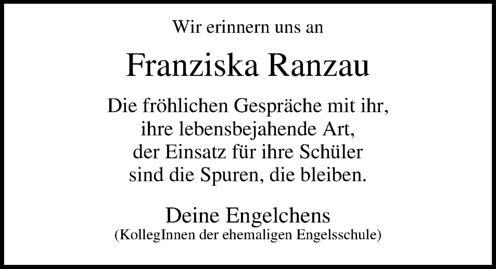  Traueranzeige für Franziska Ranzau vom 03.06.2023 aus Ostsee-Zeitung GmbH