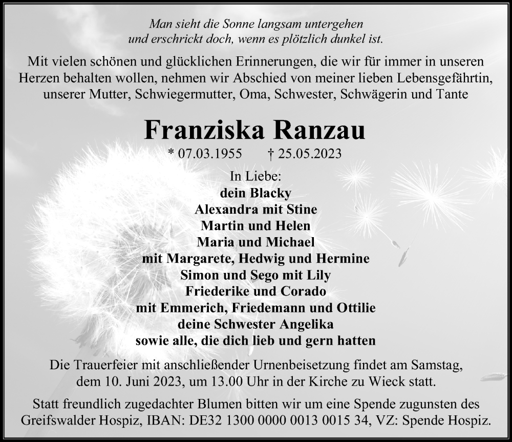  Traueranzeige für Franziska Ranzau vom 03.06.2023 aus Ostsee-Zeitung GmbH