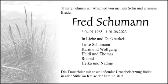 Traueranzeige von Fred Schumann von Ostsee-Zeitung GmbH